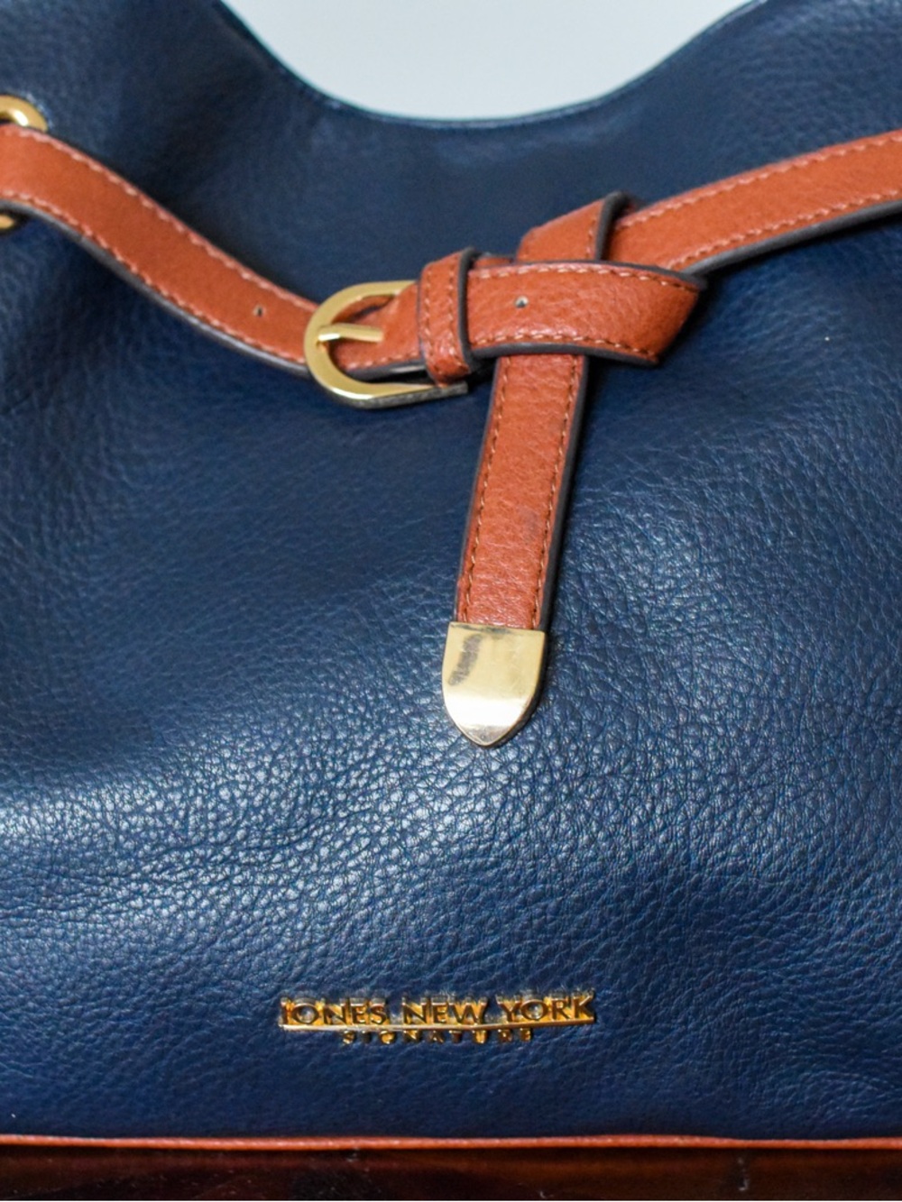 Jones New York Satchel in Cognac and Blue Top Handle w/Strap and Belted Detail - Picture 2 of 8